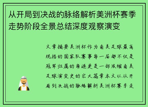 从开局到决战的脉络解析美洲杯赛季走势阶段全景总结深度观察演变